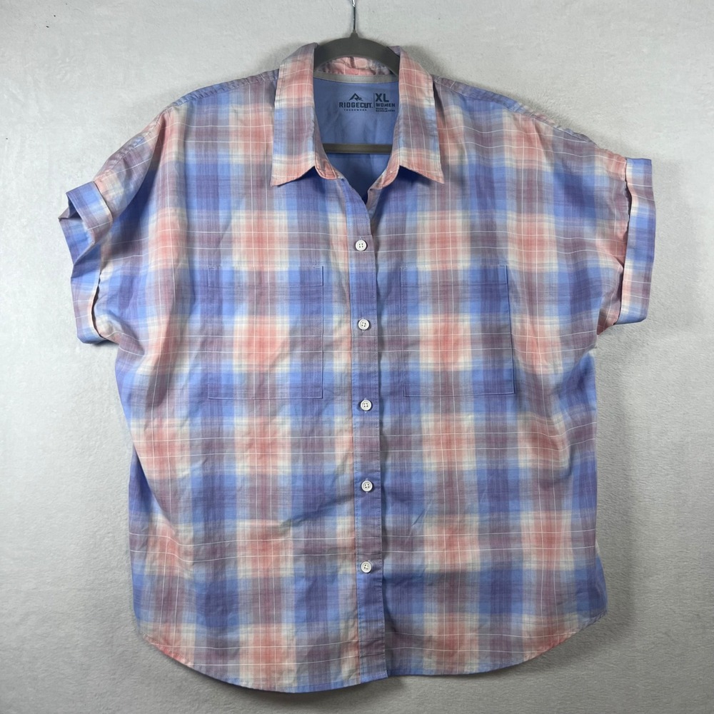 Ridgecut Toughwear Womens XL Plaid Button Down Shirt Short Sleeve Blue Pink